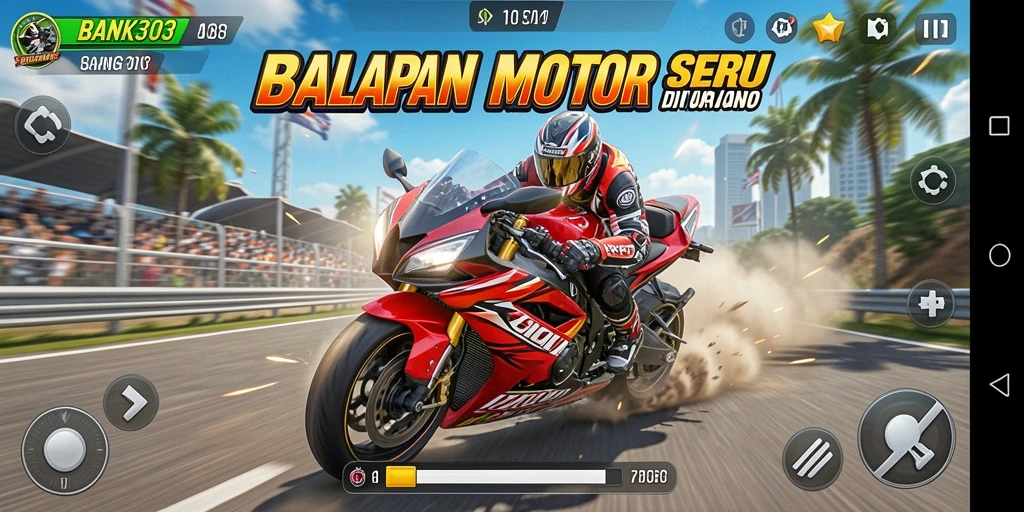 Screenshot dari gameplay balap motor yang mendebarkan.