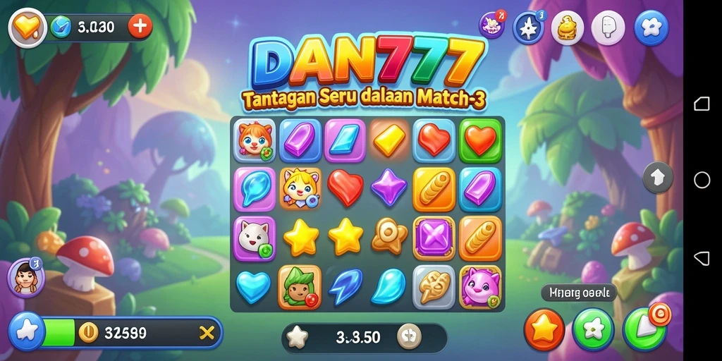 Tampilan gameplay yang seru dalam DAN777, permainan Match-3 yang mengasyikkan.
