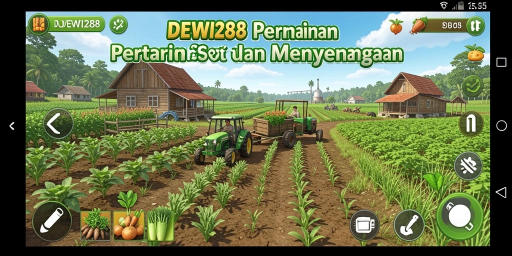 Tangkapan layar gameplay DEWI288 yang menunjukkan aktivitas bertani yang seru.