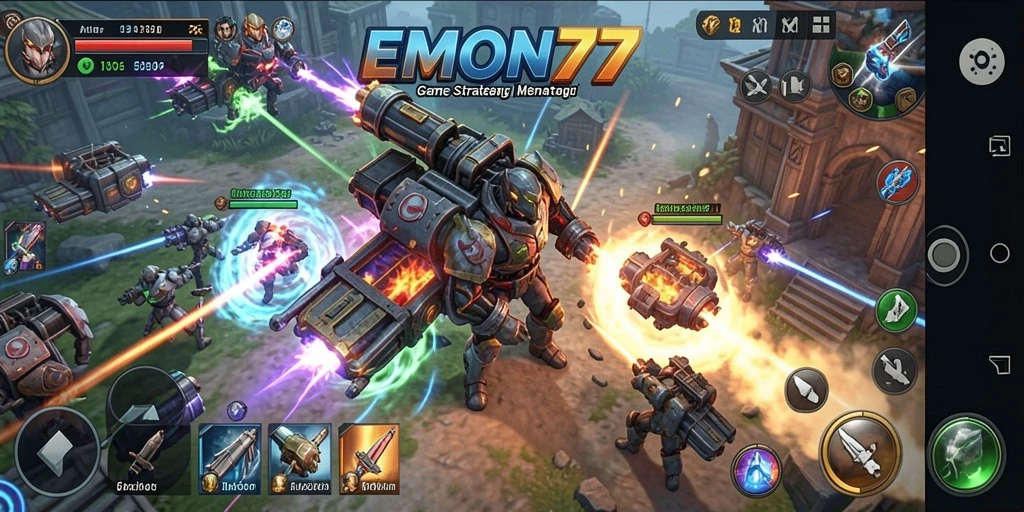 Tampak gameplay EMON77 dengan strategi dan pertempuran yang dinamis.