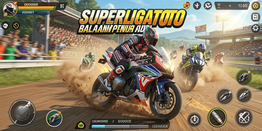 Tampilan gameplay mendebarkan di SUPERLIGATOTO dengan aksi balapan motor.