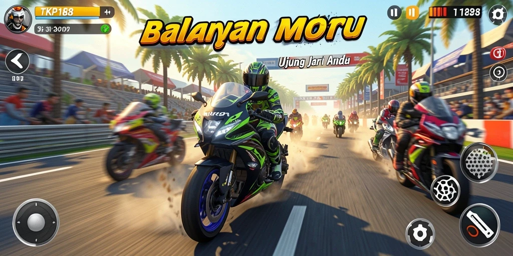 Gameplay seru TKP188 dengan balapan motor yang intens.